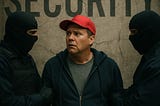white man in red hat accosted by two masked men in front of a sign reading Security
