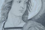A black and white drawing of an angel.