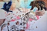 “Horse, bear, raven” by Hans Heiner Buhr, 180x 130 cm, Acrylic on canvas, 2024