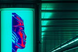 A futuristic cyborg poster hanging in a neon lit subway station — DALL.E 2