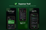Expense Trail — private-first expense tracker shown across three iPhone screens: dashboard, reports, and privacy settings