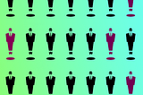 Wallpaper-style graphic depicting rows of figures in silhouette, wearing suits and ties and porkpie hats, identical except for color