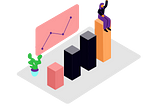 A 3D bar chart with a person sitting on the tallest bar and waving to others