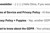 GDPR email subjects: The impersonal, the desperate, and the winner.