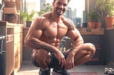 An AI-generated image of a muscular young man squatting in a sunlit kitchen