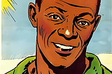 A cartoon of Jesse Owens with a smile on his face is posing for a picture. He has short hair and appears to be wearing a striped shirt. The background of the image includes some grass, suggesting that the photo may have been taken outdoors.