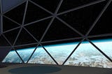 A giant window with geodesic reinforcing bars overlooks the planet Earth from low orbit, the top two-thirds showing a field of stars.