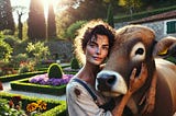 A beautiful brunette covered in dirt from hard work embraces the head of a bull standing beside her as they’re surrounded by a beautiful garden — the product of all her hard work.