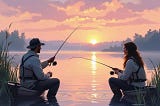 An ‘almost’  couple fishing and chatting on a lovely lake in the late afternoon.