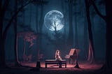 A moonlit clearing in a dark, ancient forest, bathed in the eerie glow of a crimson moon. In the center stands a dilapidated mansion, its decaying walls casting long shadows on the ground. A figure, ghostly and ethereal, plays a piano near a stained-glass window, the haunting music echoing through the stillness.