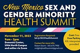 New Mexico Sex and Gender Minority Health Summit event info, shared over a navy blue background with slanted rainbow strip across the center. Event info is shared in the post text.