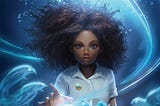 Book Cover; Mystical blue background with swirling shades of blue and white showing the magic around; Black girl in the middle with a uniform on, staring straight with hand out, and large curly hair blowing