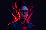 A stylized digital portrait of a confident young female tech billionaire in a cyberpunk art style. She has dark curly hair pulled up into a bun, wears large glasses, and stares directly at the viewer with a calm, commanding presence. The image features bold neon lighting in electric reds, blues, and purples, with crackling energy bolts framing her silhouette against a dark futuristic background. She is dressed in a sleek blazer and shirt, radiating intelligence, power, and modern leadership.