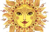 Artistic rendition of the sun, with a woman’s face.