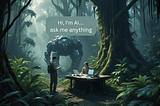 A picture of two people, writers, in the middle of a jungle with two computers. An image of offering to help.