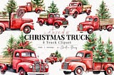 Watercolor Christmas Truck Clipart, Watercolor Christmas Clipart, Vintage Truck PNG, PNG Instant Download for Commercial Use