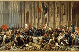 Big oil on canvas painting representing the French revolution showing a mess of debating people but all sides rising the same flag.