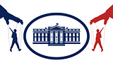 Dark blue image of White House set inside dark blue oval shape. To the left, A dark blue puppeteer’s hand carries a soldier also dark blue. To the right, a red puppeteer’s hand carries a soldier also red.
