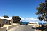 A road to the sea under the beautiful blue sky