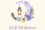 Crescent moon and flowers with Eid greetings.