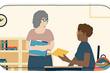 An illustration of a student seated at a desk and talking to a teacher.