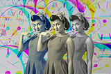 Three identical women in 1950s clothing standing in front of an array of clocks radiating bright colors.