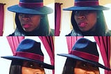 Four different pictures of a woman wearing a hat