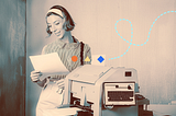 A vintage style photo of a woman holding a piece of paper and standing next to a fax machine on a table in