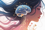 woman girl with brain blossoming flowers and floral patterns that align with nerves, ADHD, neurodiverse