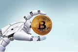 A robot holding a golden color bitcoin