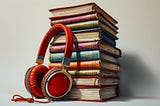 Image shows a stack of colorful books with red headphones leaning against it.