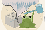 Frog smashing a NetCDF cube, a lineplot comes out of it. Illustration by María Braeuner.