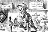 A drawing of a skeleton stirring a pot with candy on the counter behind him
