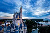 An aerial footage view of a castle at the Disneyland Park in Anaheim, California.