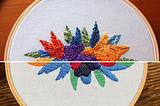 split image of an embroidery — one imagined by AI and one made by a human