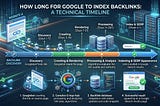 Infographic illustrating the technical timeline for Google to index backlinks, showing stages from discovery by Googlebot to final appearance in search results, with estimated timeframes for each step.
