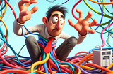 A Dall-E 3 image depicting a whimsical, cartoonish character untangling a complex network of cables and devices. The scenes use bright, playful colors and exaggerated proportions to humorously convey the challenges of managing metadata across a hybrid cloud environment.