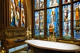 An antique bathtub near walls of stained glass windows