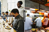 Customers sitting at a restaurant table (frontstage), cooks in the kitchen (backstage), and the line of visibility between them.