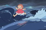 The main character of Ponyo, a red-haired little girl in a pink dress is excitedly running on the waves of a wild tsunami.