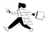 Illustrated image of a person hurrying while holding a bag and a phone.