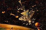 Image shows an upside-down umbrella shaped artistic rendition of a starship, hovering in space above a large gleaming planet. Lights can be seen on the planet below, with stars and other galaxies in the distance.