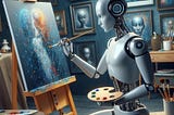 An AI robot painting a beautiful picture with an array of other portraits on the wall in the background.