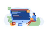 A girl sits on a chair and a large computer screen with code is in the background.