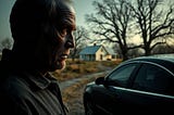 Intense, dramatic lighting, jet black scupltural depicting a grizzled man, late 50s, deep set eyes, weathered skin, standing near a 2009 Chevy Impala. He gazes at a remote, white-washed farmhouse through barren oak trees.