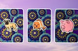 Three oracle pick a card piles: pile 1 — dog, pile 2 — fish, and pile 3 — pig