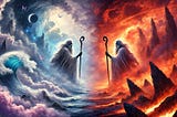 An image of an old man dressed in modest robes faces off against himself. One standing among waves and clouds and the other surrounded by fire.