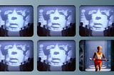 A series of 5 screens showing the Apple 1984 Big Brother face on a large screen followed by one screen showing an Olympic Female athlete swinging a mallet.