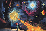 A long-nose person stands atopa moon. Nebulas and planets swirls before him. A jet of fiery substance sprays from a white hole. The galaxy is as colorful as it is gross and orbular.