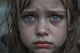 Close up of a terrified little girl with big hazel tear filled eyes